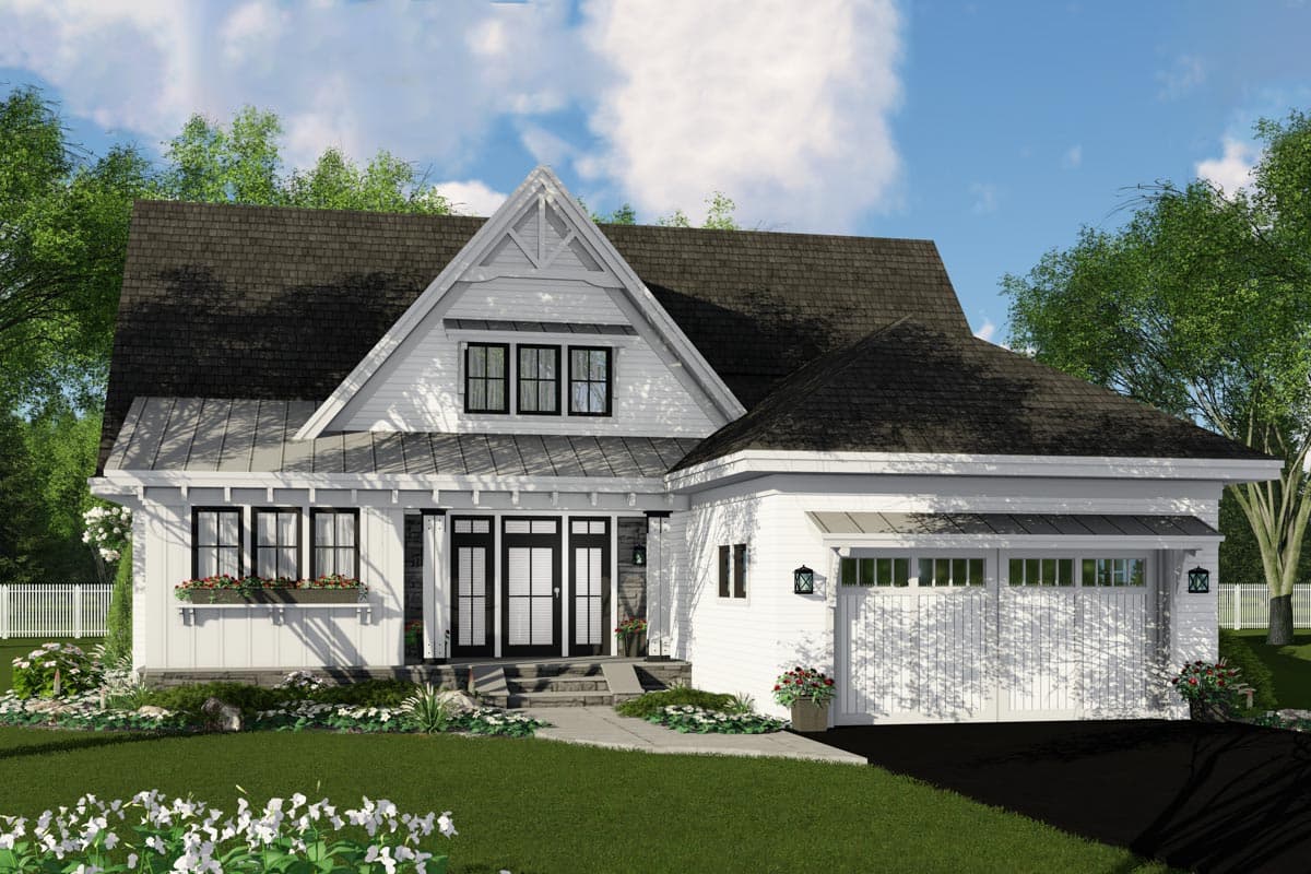 Modern farmhouse house plan exterior with a prominent gable, covered porch, and attached two-car garage with carriage-style doors.