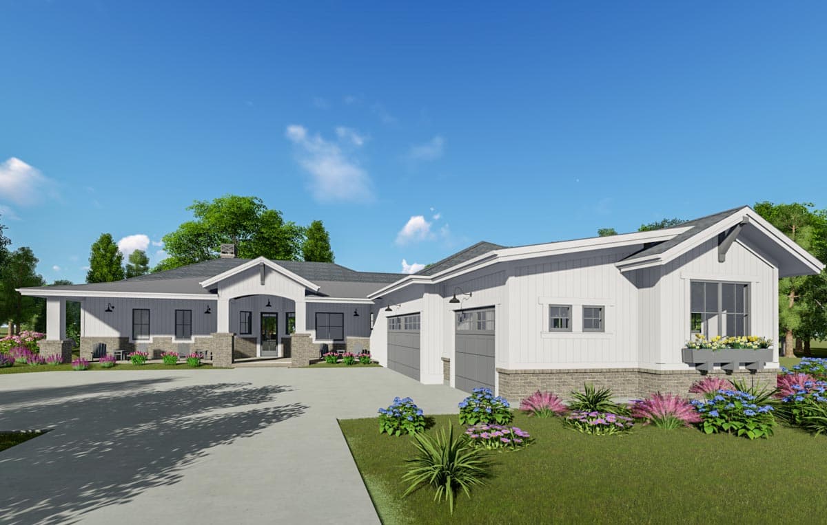 Modern Farmhouse house plan exterior with a prominent gable, covered entry porch, and a three-car garage.