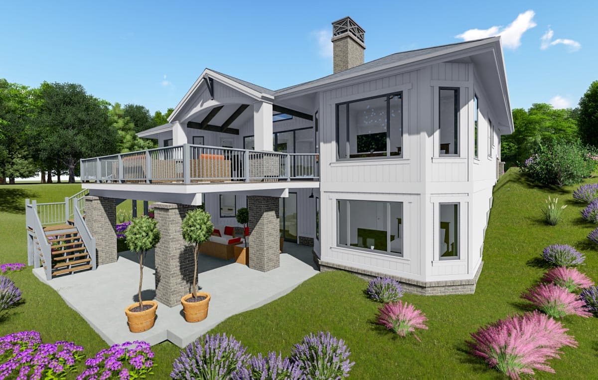 Modern Farmhouse house plan exterior, two stories, deck, large windows, gabled roof, and brick accents.