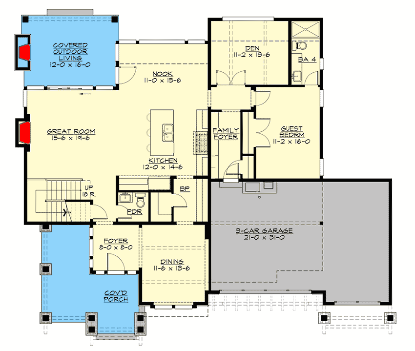 Plan 23787JD: Beautiful 5-Bed Mountain House Plan with Main-Level Guest Bed  - Floor Plan - Main Level - Craftsman, Mountain, New American, Northwest