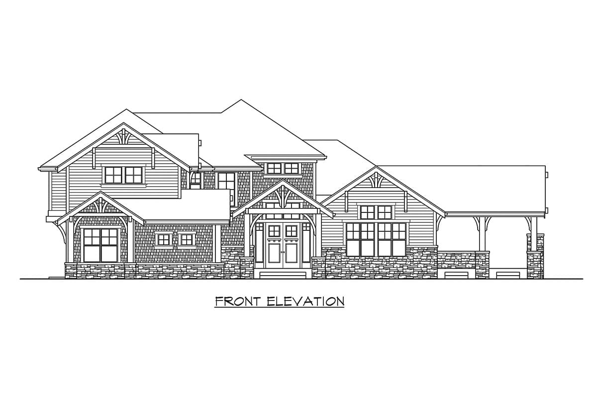Front elevation house plan with gables, stone base, covered entry porch, and attached carport.