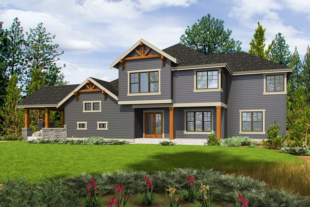 House plan exterior: Two-story Modern Farmhouse with gabled dormers, exposed rafter tails, stone accents, and covered front porch.