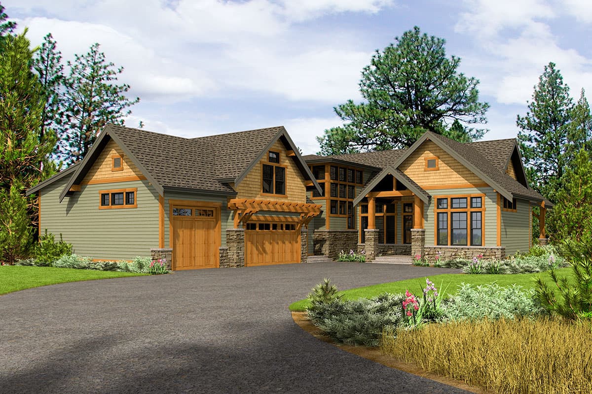 House plan exterior: Craftsman style, multiple gables, stone accents, wood garage doors, and a covered entry.