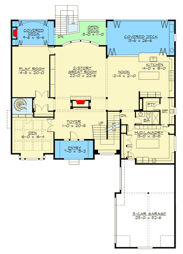 Plan 23800JD: Elegant 5-Bed Craftsman House Plan for Indoor / Outdoor Lifestyle - Floor Plan - Main Level - Craftsman, Northwest