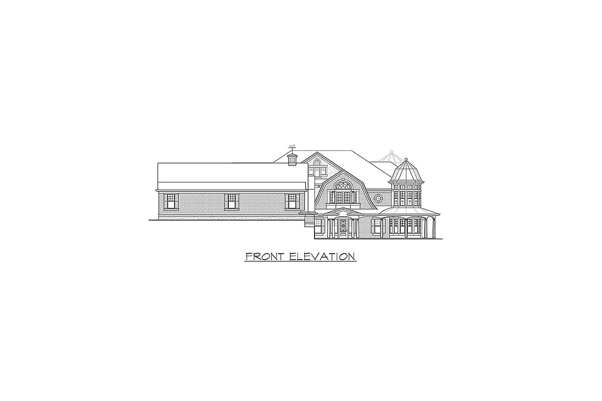 Front elevation drawing of a house with a gambrel roof, wraparound porch, and a turret.