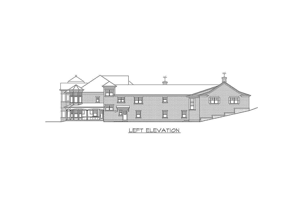 Left elevation drawing of a house plan featuring multiple gables, a wraparound porch, and varied window styles.