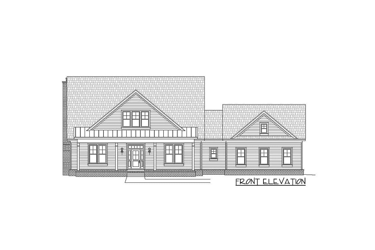 Front elevation drawing of a two-story house plan with a covered porch, dormer, and gabled roof.