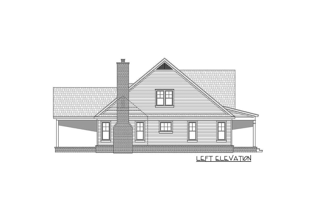 Left elevation house plan: two stories, gable roof, brick chimney, covered porches, and double-hung windows.