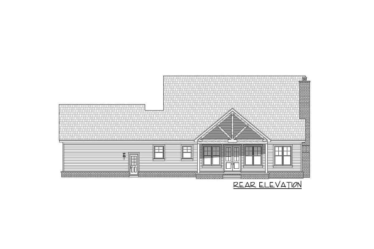 Rear elevation of a house plan featuring a covered porch with gabled roof and exposed rafter tails, a chimney, and multiple windows.