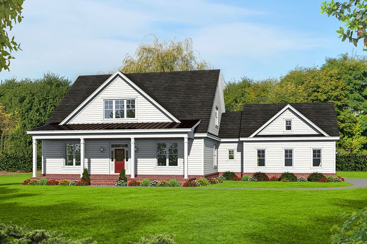 House plan exterior. Two-story farmhouse with front porch, gables, and dormers. Features include a dark shingle roof and white siding.