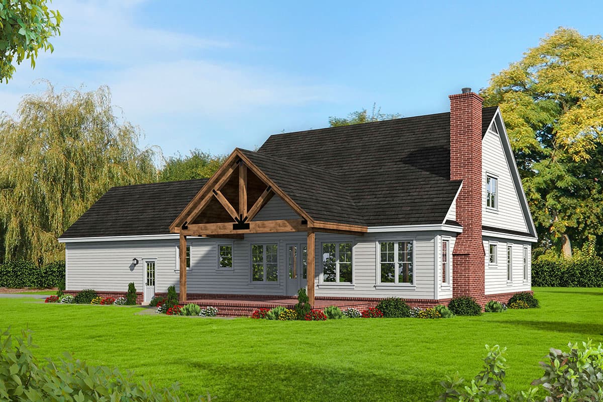 House plan exterior with a covered porch featuring exposed wood beams, gable rooflines, and a brick chimney. Two stories.