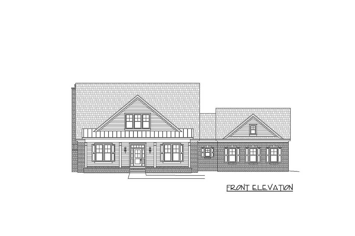 Front elevation house plan featuring a covered front porch, gable dormers, and multiple windows.