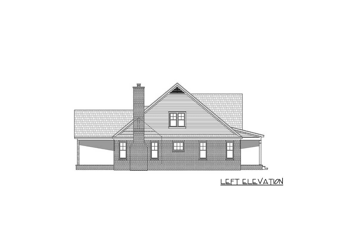 Left elevation house plan with brick base, gabled dormer, chimney, and covered porch.