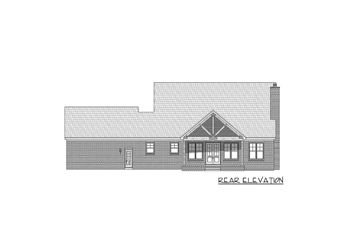 Rear elevation drawing of a one-story house plan with a covered porch, gables, and a brick exterior.