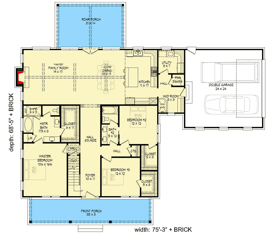 Plan 68584VR: Classic Farmhouse Plan with Brick Accents and Bonus Expansion - 2270 Sq Ft - Floor Plan - Main Level - Country, Farmhouse