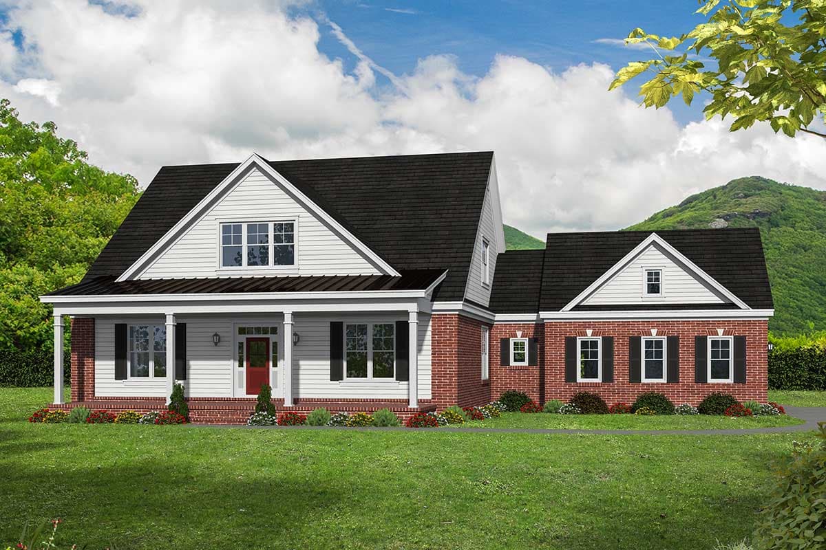 House plan exterior. Two-story Colonial with a front porch, gables, brick facade, and multiple dormers.