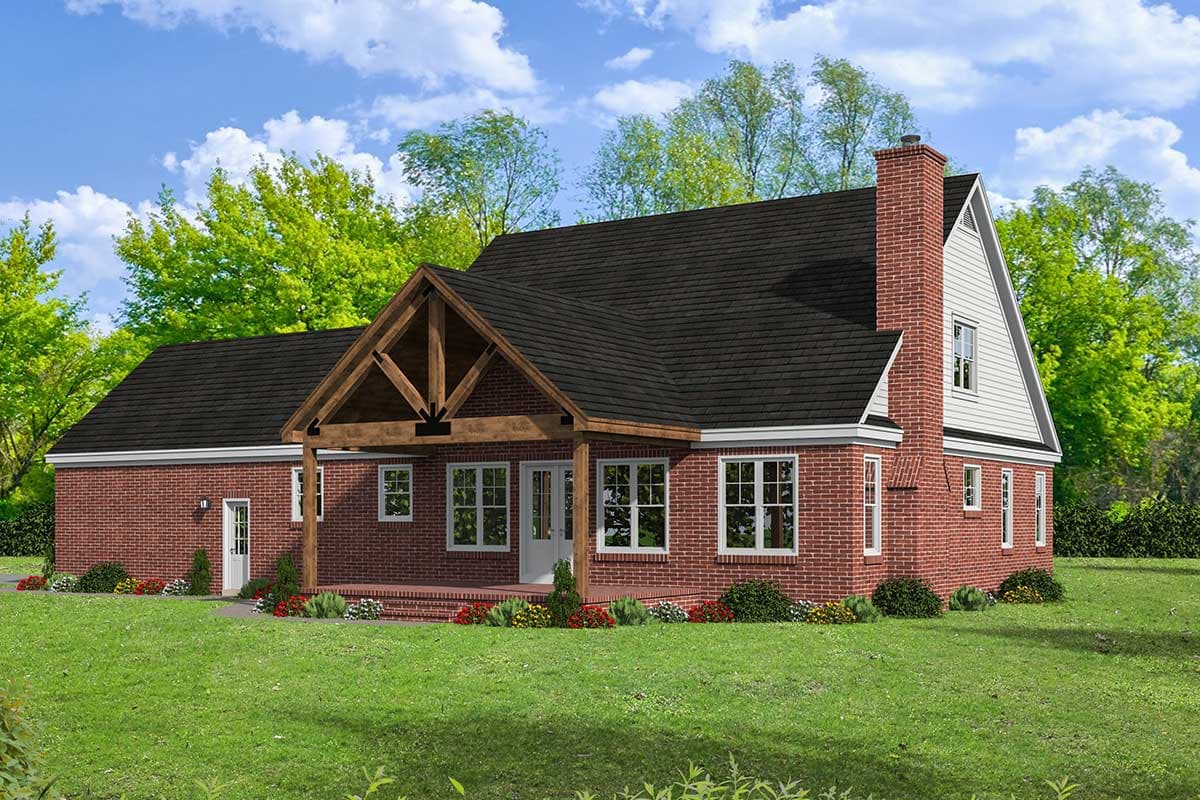 House plan exterior: brick, one-story, large gable entry porch with exposed beams, prominent chimney.