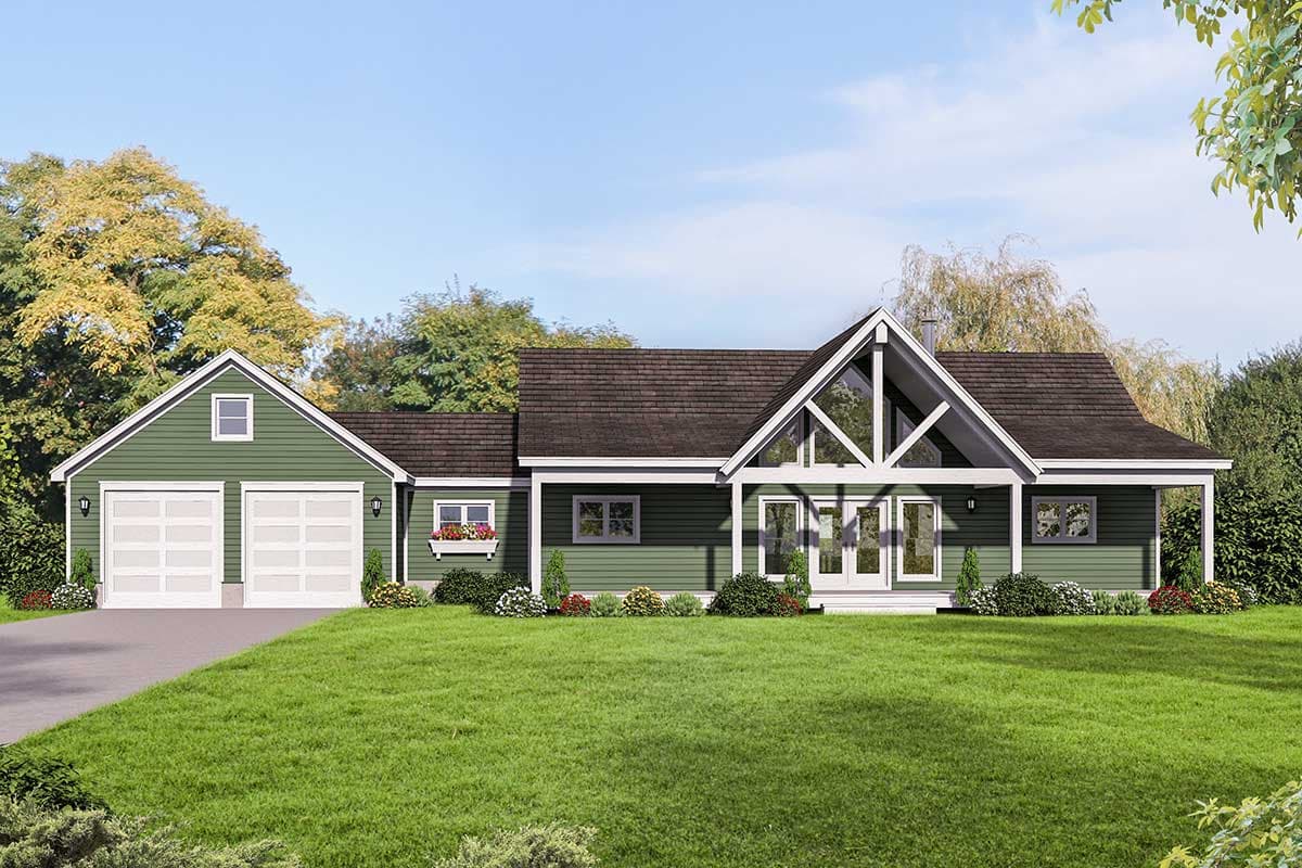 House plan exterior with two-car garage, front porch, and gable roof. Features include a prominent front window and asymmetrical roofline.