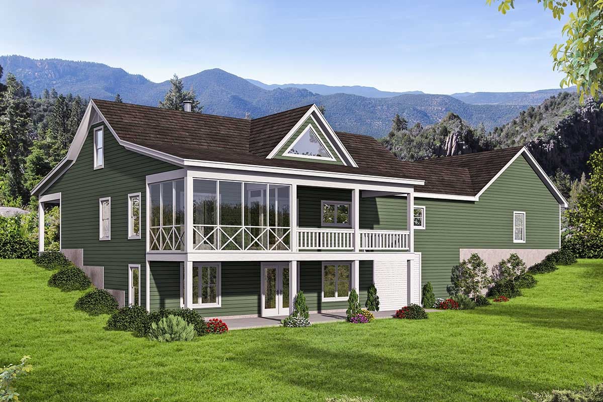 House plan exterior: Two-story home with a large screened porch, wraparound deck, gables, and a triangular dormer.
