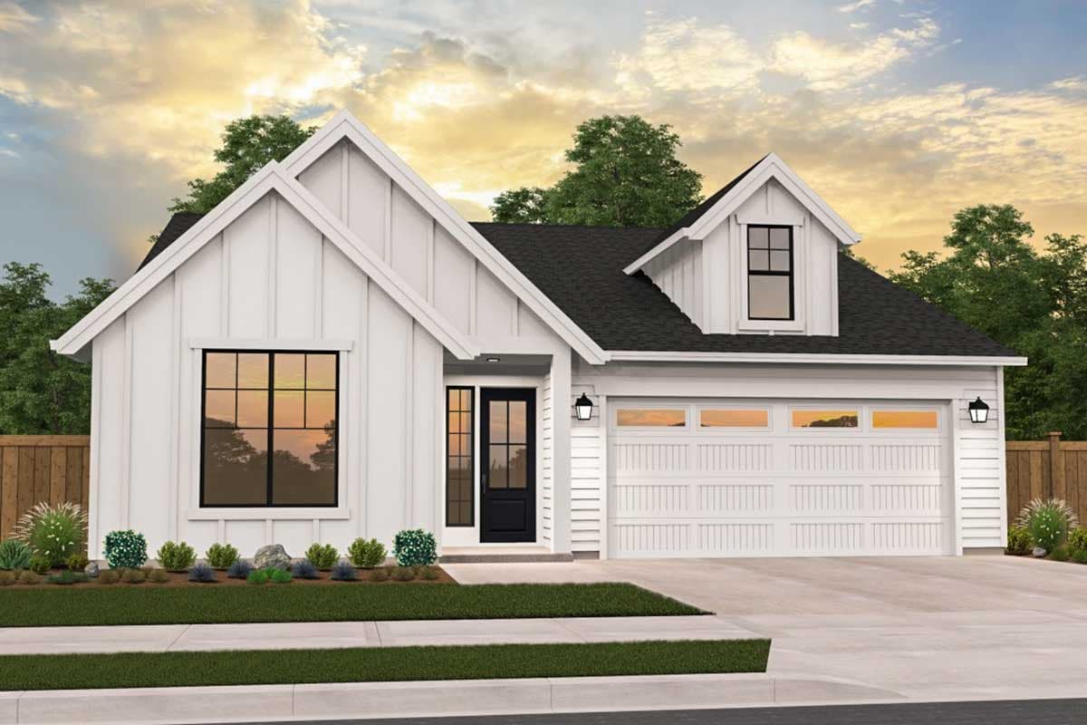 House plan exterior. Modern Farmhouse style with gabled roof, dormer, and attached garage. Features include vertical siding and black framed windows.