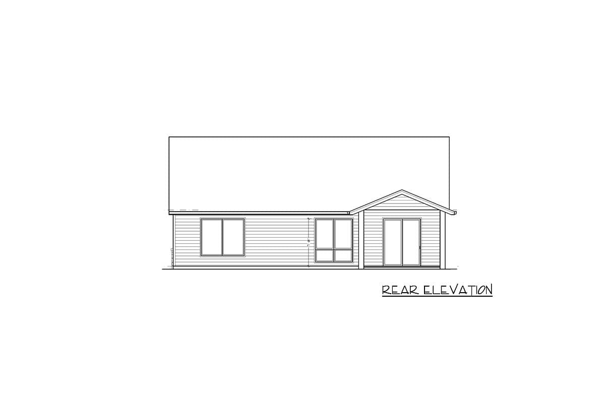 Rear elevation drawing of a house plan with horizontal siding, two windows, and double doors.