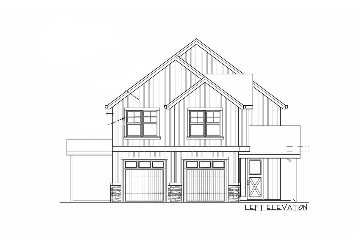 Left elevation drawing of a two-story house plan featuring vertical siding, two garage doors, and multiple windows.