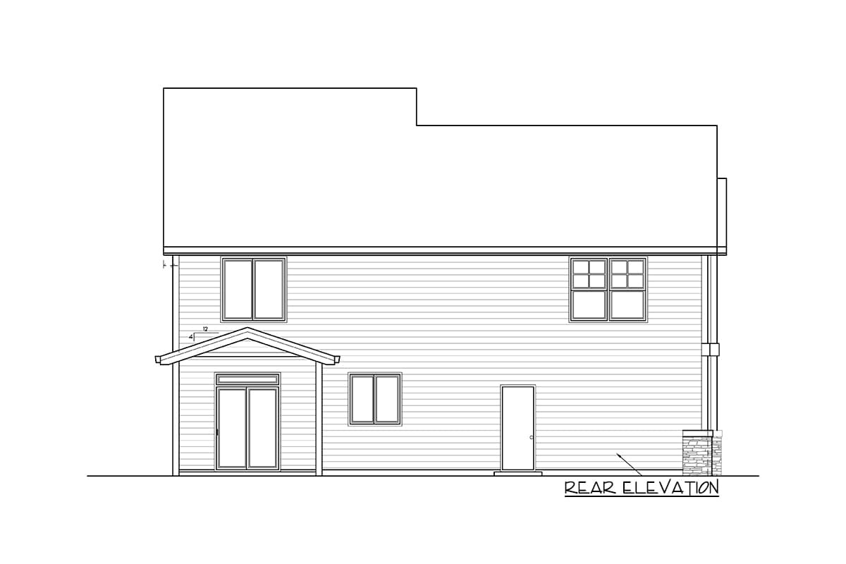 Rear elevation house plan with two stories, gabled entry porch, and double-hung windows.