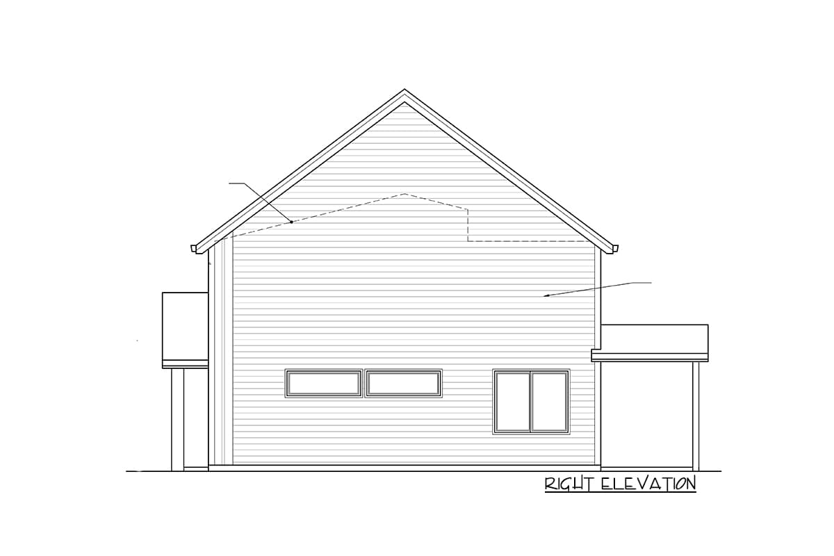 Right elevation drawing of a house plan, showing horizontal siding, gable roof, and three windows.