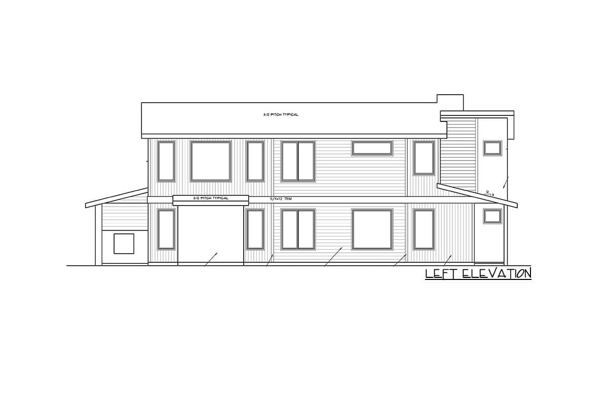 Left elevation house plan drawing showing two stories, 3:12 pitch roof, horizontal siding, and various window sizes.