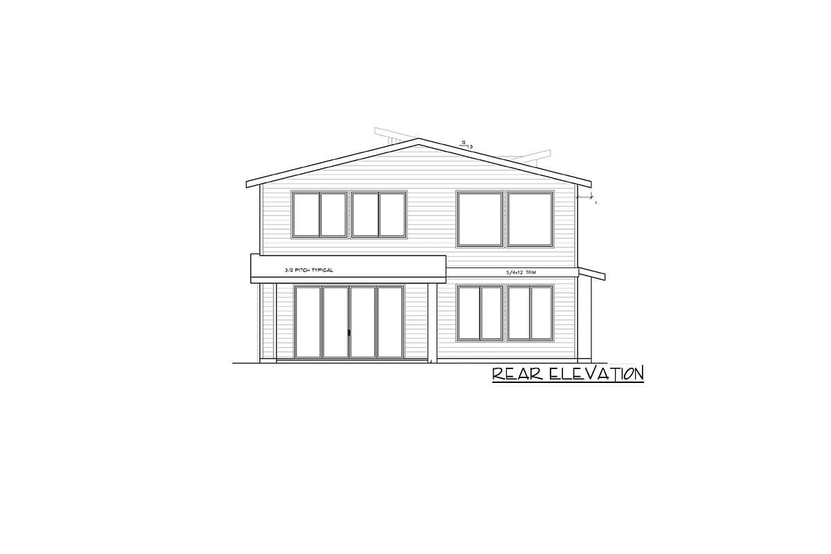 Rear elevation drawing of a two-story house with a pitched roof, multiple windows, and sliding glass doors on the lower level.