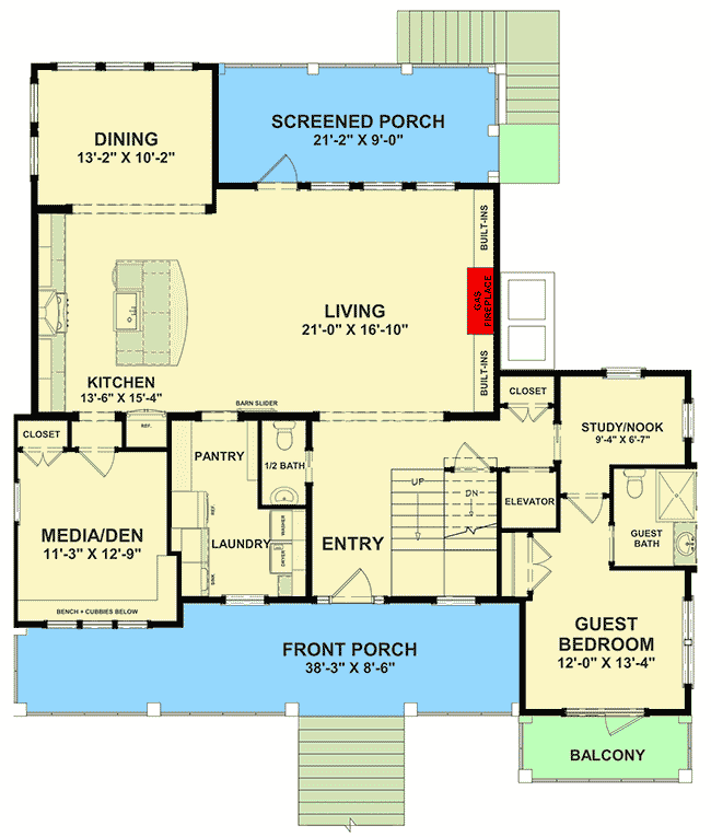 Plan 765011TWN: 5-Bed Beach-y House Plan with Two Upstairs Options Included - 3287 Sq Ft - Floor Plan - Main Level - Beach, Coastal, Coastal Contemporary, Country, Low Country, Vacation