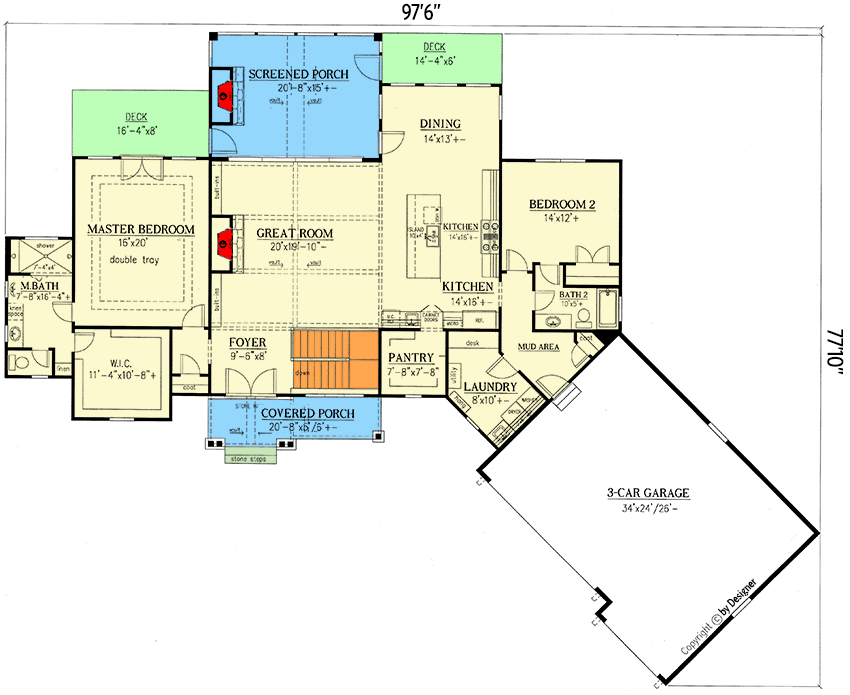 Plan 24392TW: One-Story Country Craftsman House Plan with Screened Porch - Architectural Designs - Floor Plan - Main Level - Country, Craftsman, Mountain, New American