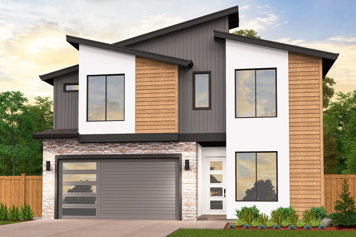 House plan exterior with modern design, two stories, flat rooflines, a two-car garage, and mixed siding materials including stone, wood and white.