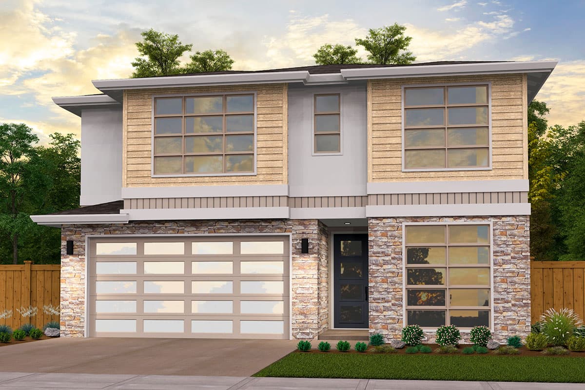 House plan exterior. Two-story Modern house with stone veneer, horizontal siding, and a two-car garage. Features include flat roof and large windows.