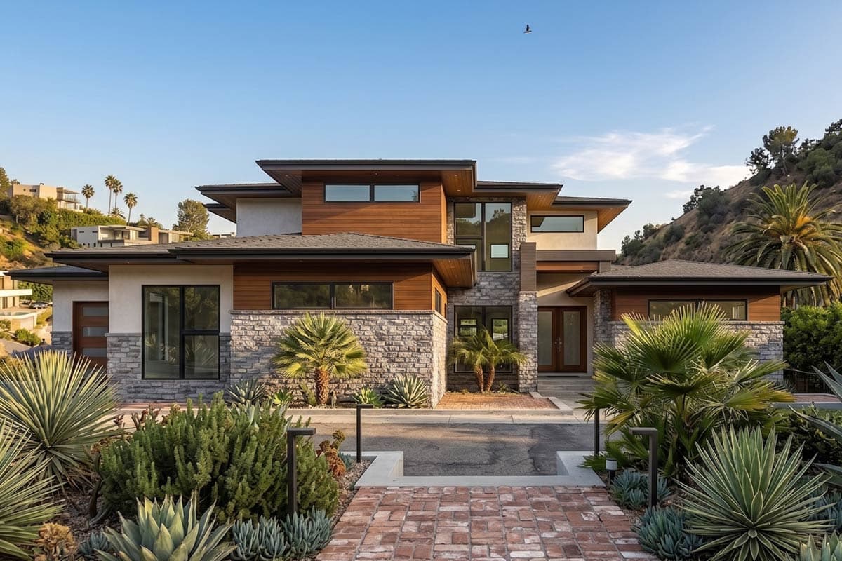 Modern house plan exterior with stone and wood facade, cantilevered rooflines, and expansive windows.