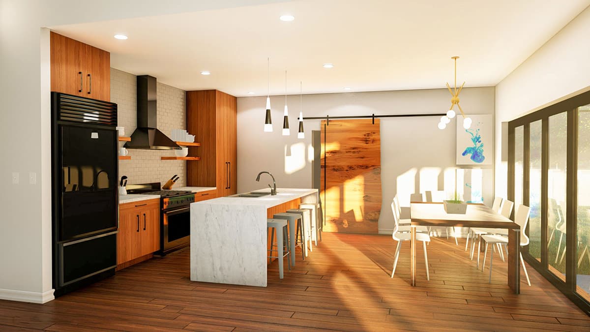Rendering of a modern open-concept kitchen and dining area with a large island and sliding barn door.