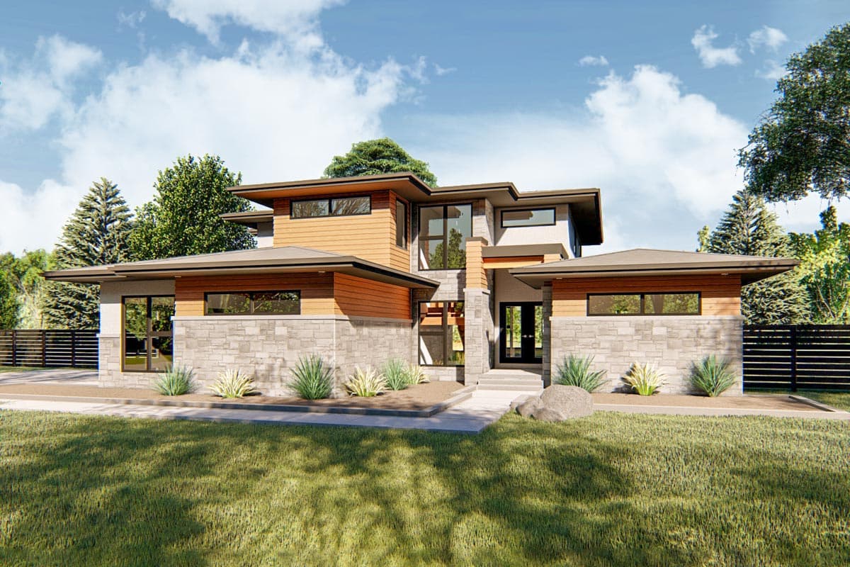 House plan exterior featuring a two-story modern design with flat rooflines, stone facade, and wood siding accents.