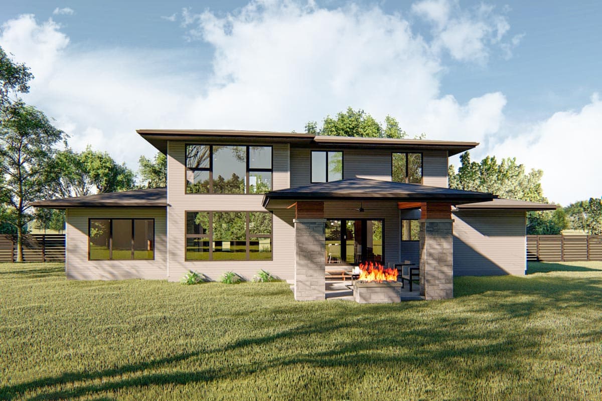 Modern house plan exterior with two stories, flat rooflines, large windows, and covered patio with stone columns.