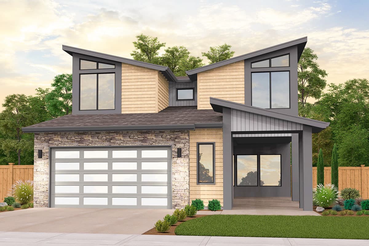 House plan exterior. Two-story modern house with a stone facade, angled rooflines, and a covered porch. Attached garage is visible.