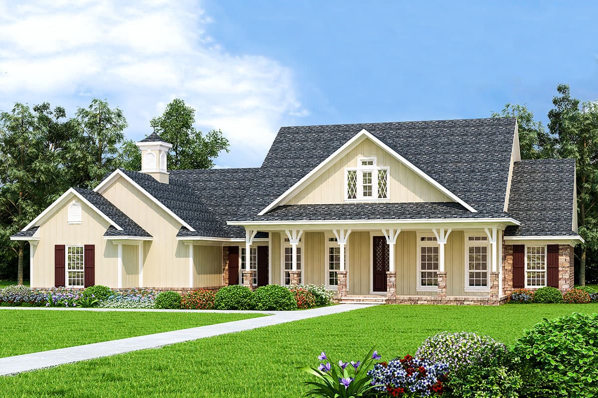 House plan exterior with Craftsman-style elements. Features include a front porch with columns, multiple gables, and a cupola. One-story home.