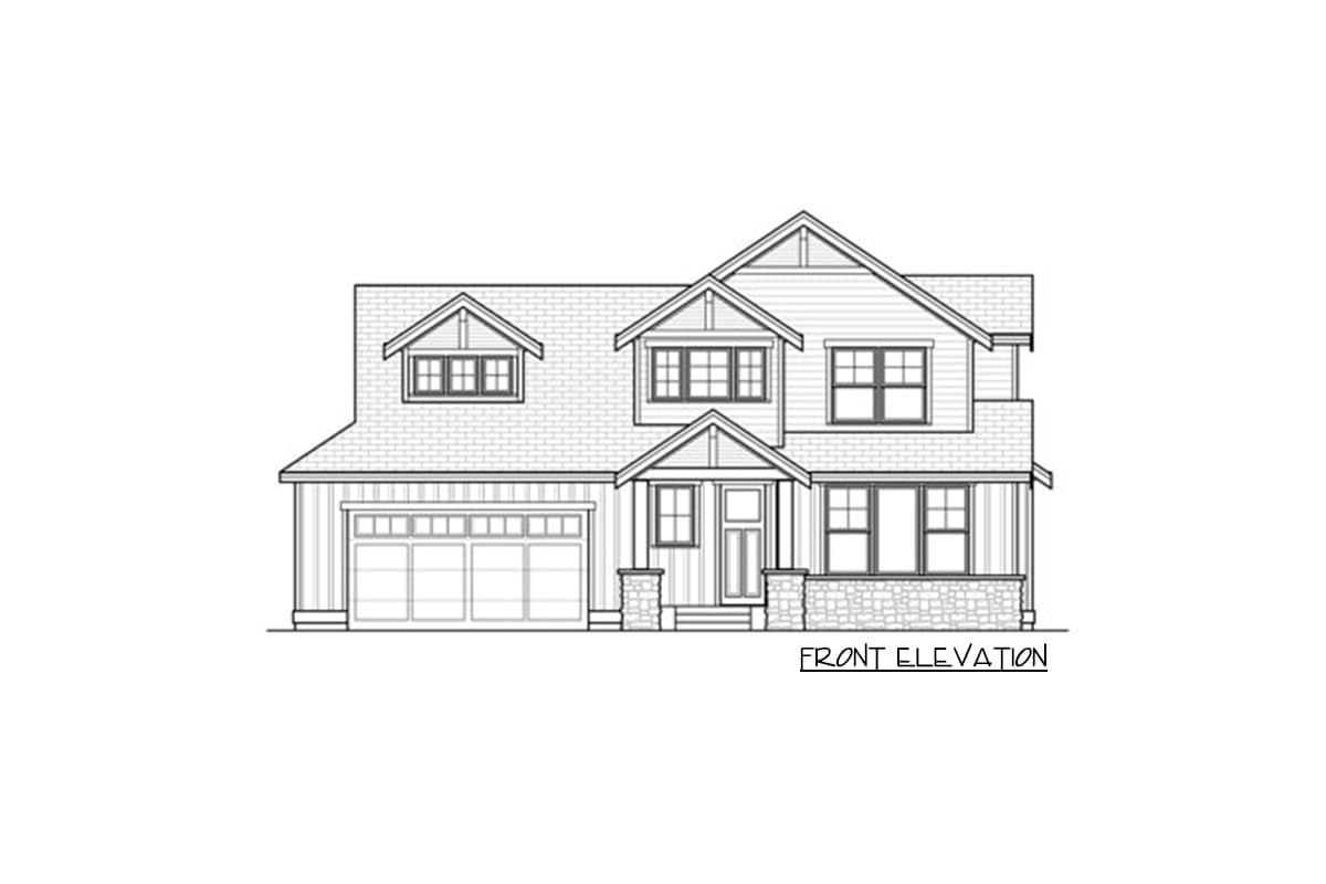 Front elevation drawing of a two-story house plan with a three-car garage, dormers, and a covered entry.