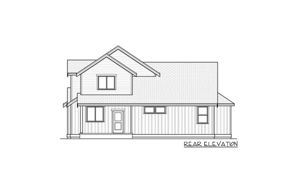 Rear elevation house plan shows a two-story home with a prominent gable, covered entry, and multiple windows.