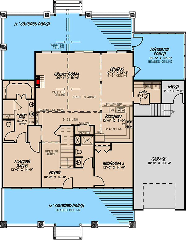 Plan 70614MK: Rustic 4-Bed House Plan with Loads of Outdoor Space in Back - 2860 Sq Ft - Floor Plan - Main Level - Cottage, Country, Mountain, Rustic, Vacation