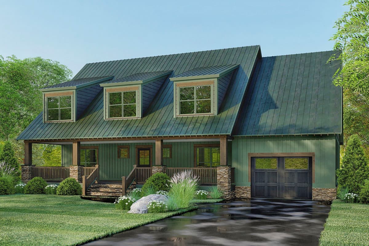 House plan exterior: Two-story Modern Farmhouse with covered porch, dormers, and attached garage.
