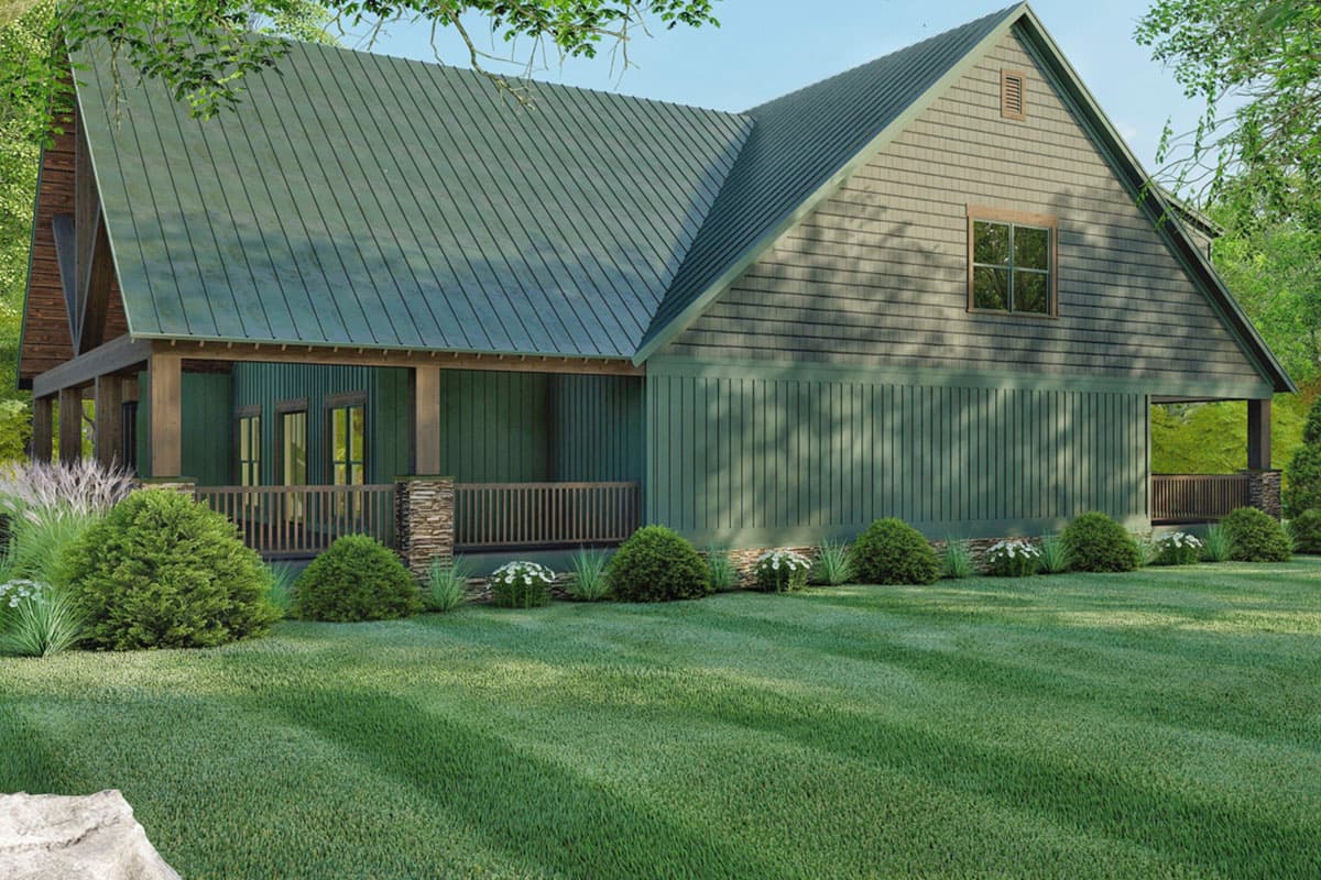 House plan exterior. Modern Farmhouse style with a prominent gabled roof, covered porch with stone accents, and vertical siding.