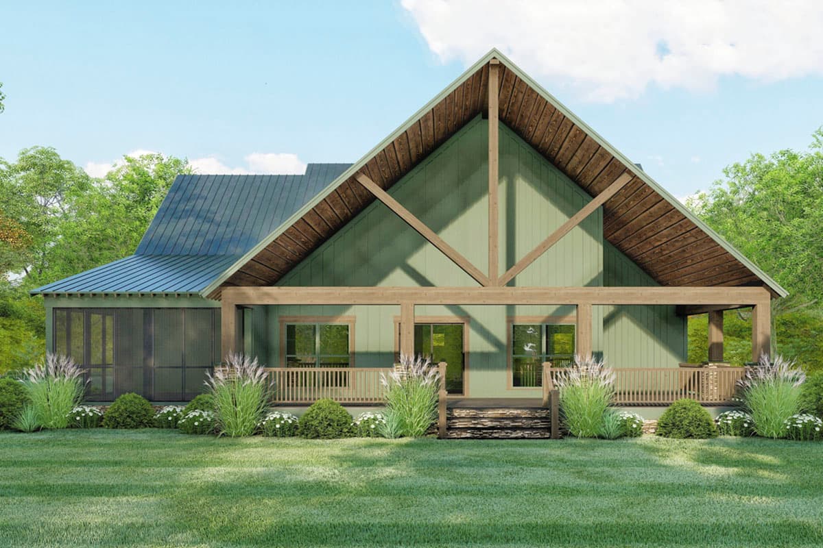 House plan exterior: Modern Farmhouse style, one story, with a prominent gable, exposed beams, wrap-around porch, and metal roof.