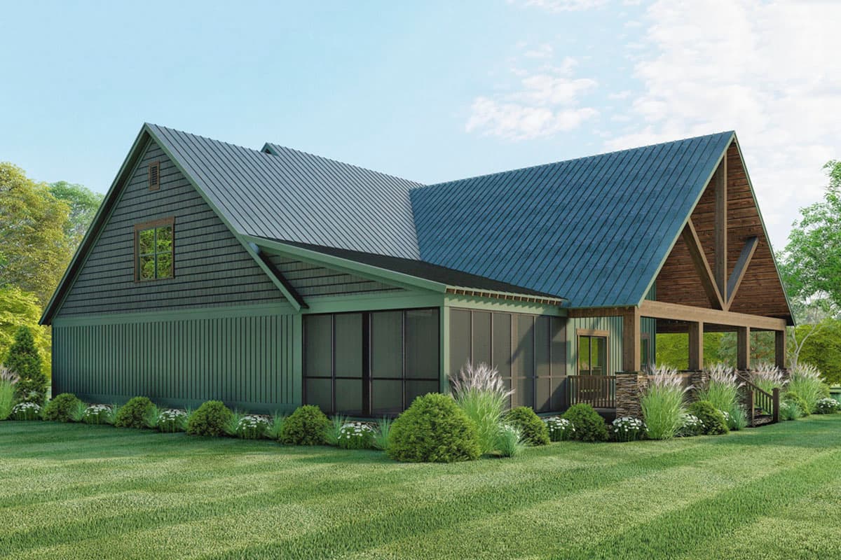 House plan exterior showing a Modern Farmhouse style with metal roof, screened porch, and exposed timber framing on the covered porch.
