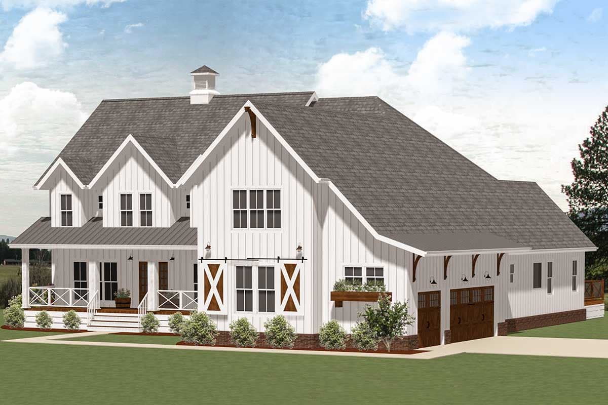 Modern Farmhouse house plan exterior with two stories, covered porch, gables, dormers, and a three-car garage.