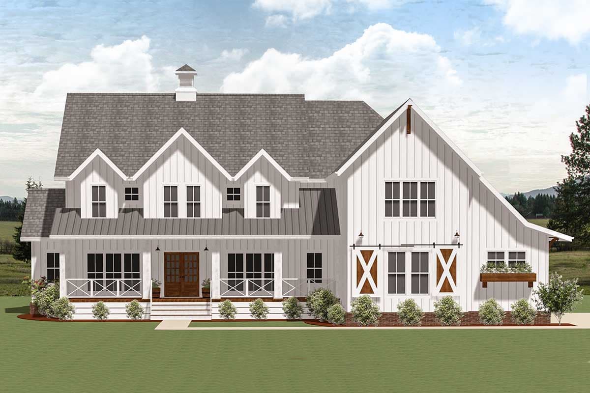 House plan exterior rendering. Modern farmhouse with two stories, gabled roof, dormers, and a covered porch.