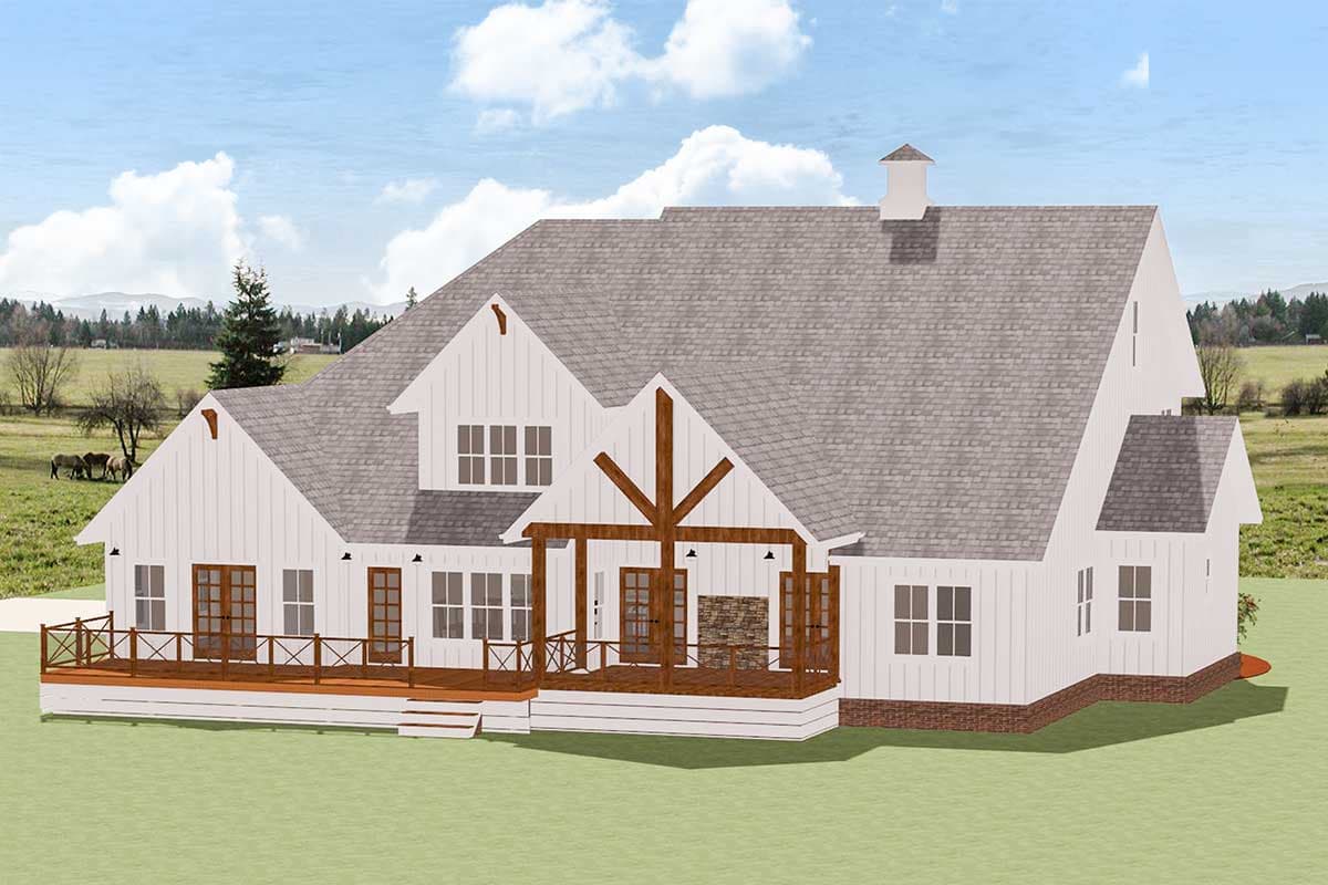 Modern Farmhouse house plan exterior with cross-gable roof, wraparound deck, and exposed wood beams over covered porch.